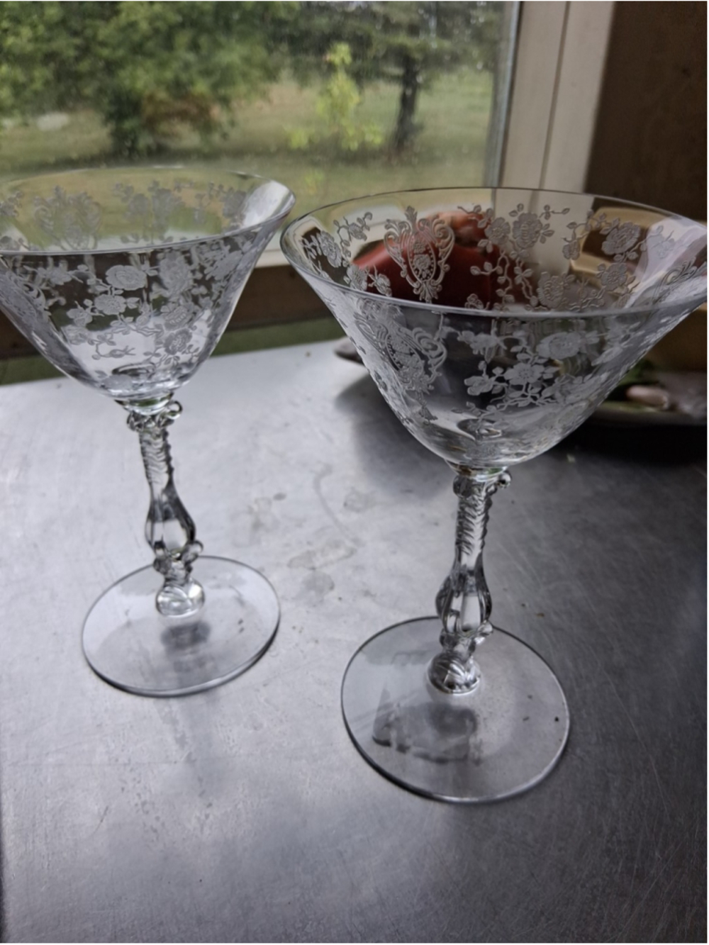 Cambridge Rose Point Tall Sherbert 6½" Vintage Etched Glass X 2 Champagne